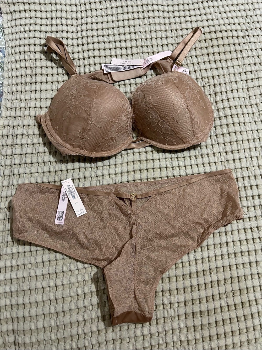 Victoria's Secret Lace Padded Bra and Panty Set - Taupe Nude Beige